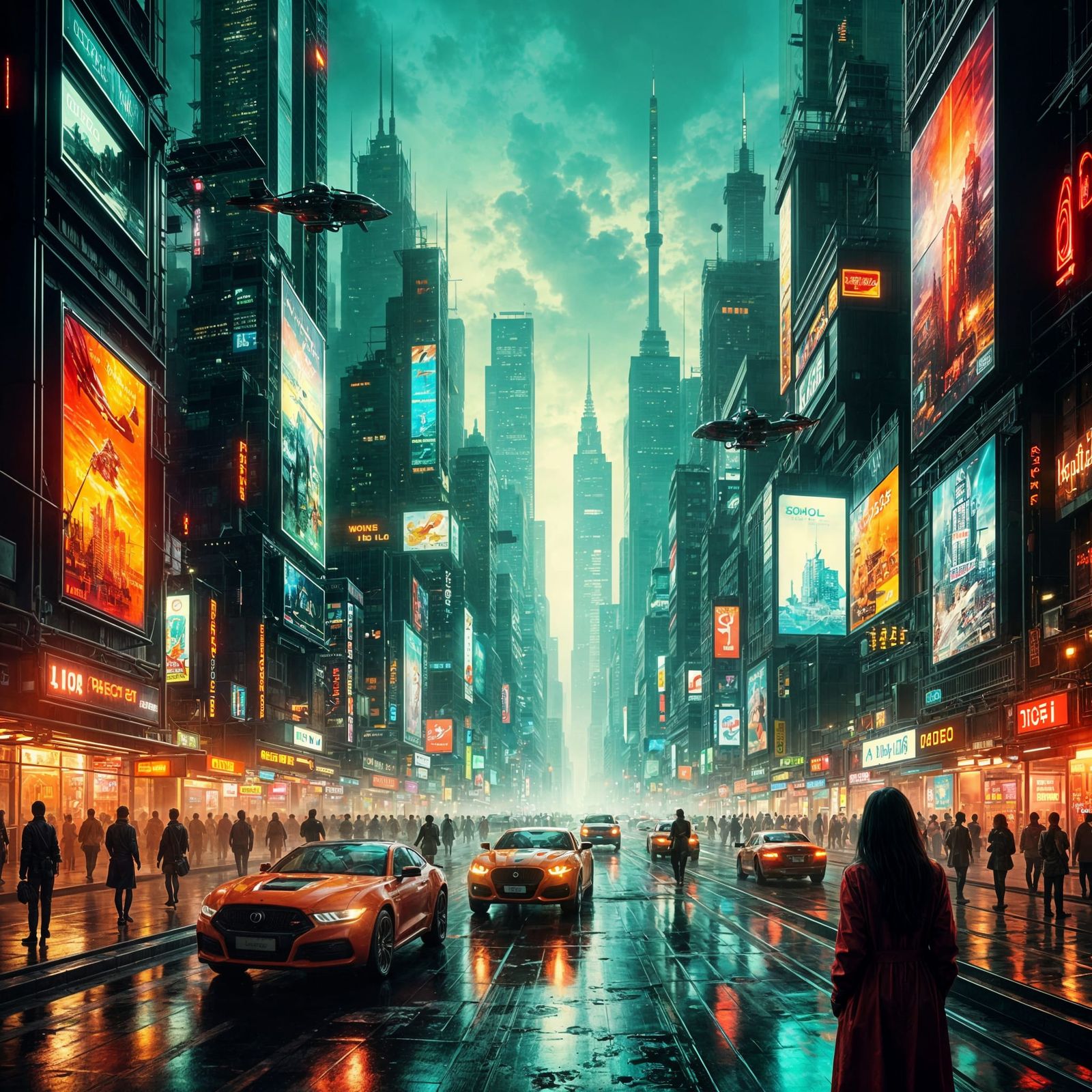 Cyberpunk Metropolis with Neon Lights in Syd Mead Style