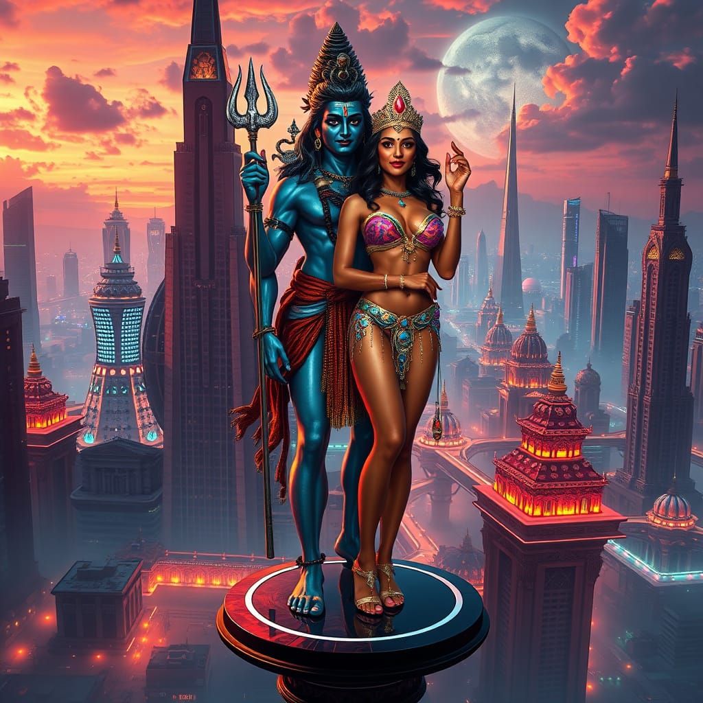 Futuristic Sky Town: Shiva and Woman in Cyberpunk City