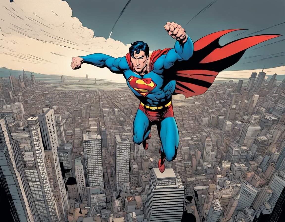 Superman Flies Over City in Dark Comic Style