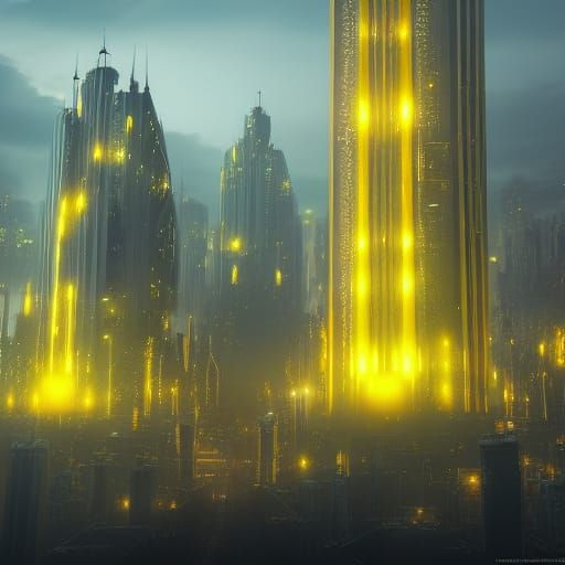 Electric City with Yellow Towers: Fantasy Concept Art