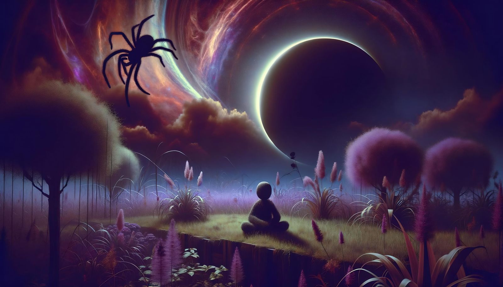Surreal Garden Eclipse with Dancing Spider