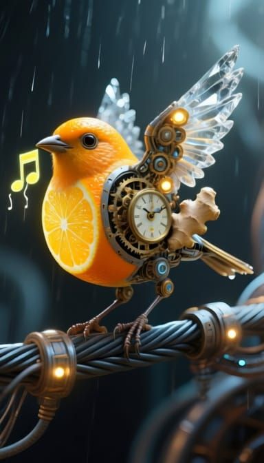 Clockwork Citrus Finch on Futuristic Cables