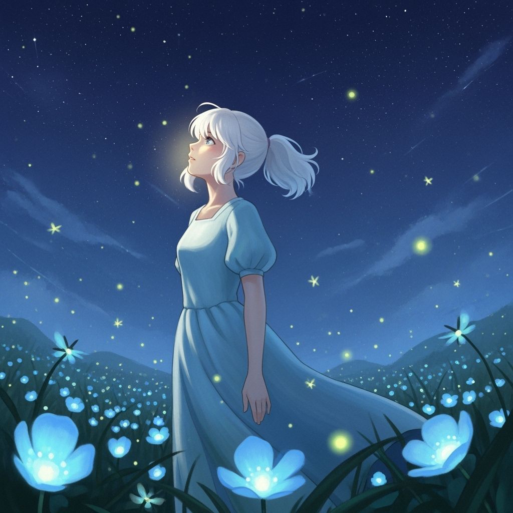 Bioluminescent Field: Woman Under Starry Sky