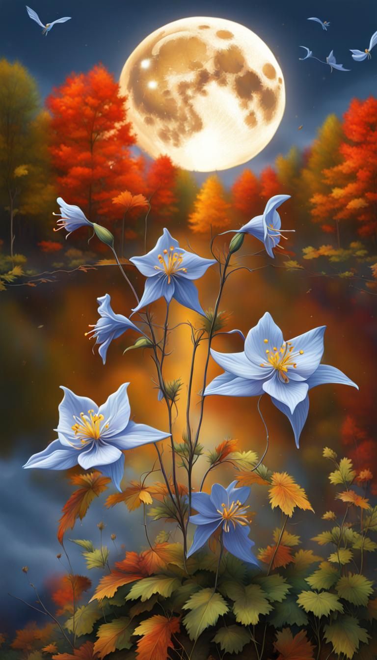 Autumn Landscape with Columbine Flowers in Oil Painting