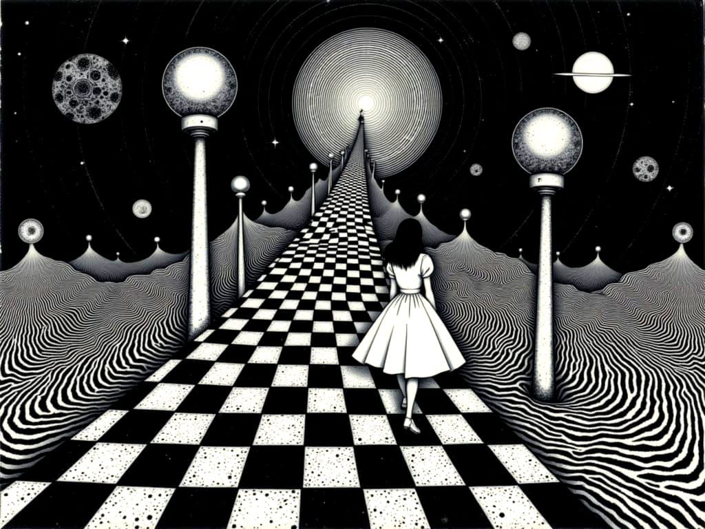 Alice and Neo Descend Mismatched Stairs Under Aurora