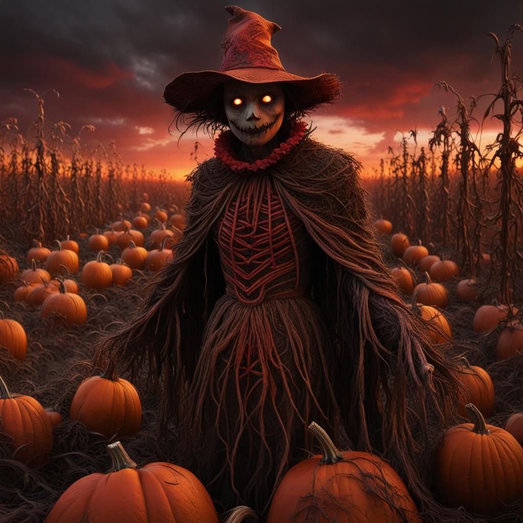 Menacing Scarecrow in Pumpkin Field: Vector Fractal Art