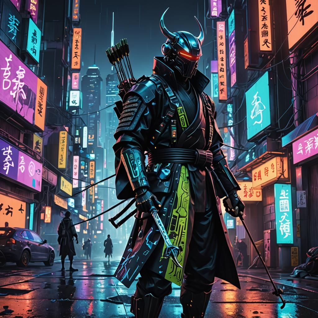 Cyberpunk Street Samurai with Compound Bow on Rooftop