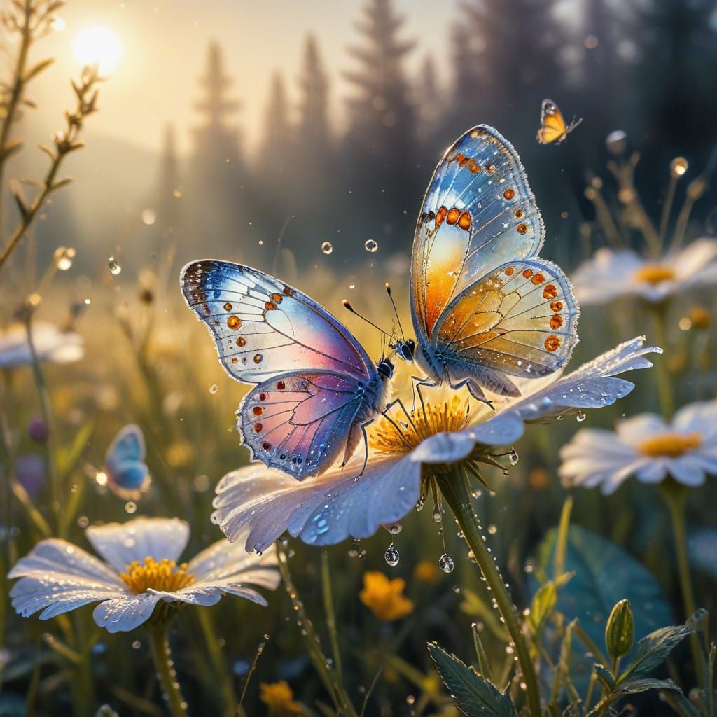 Dewdrop Reflecting Meadow Landscape in Watercolor Ink Style