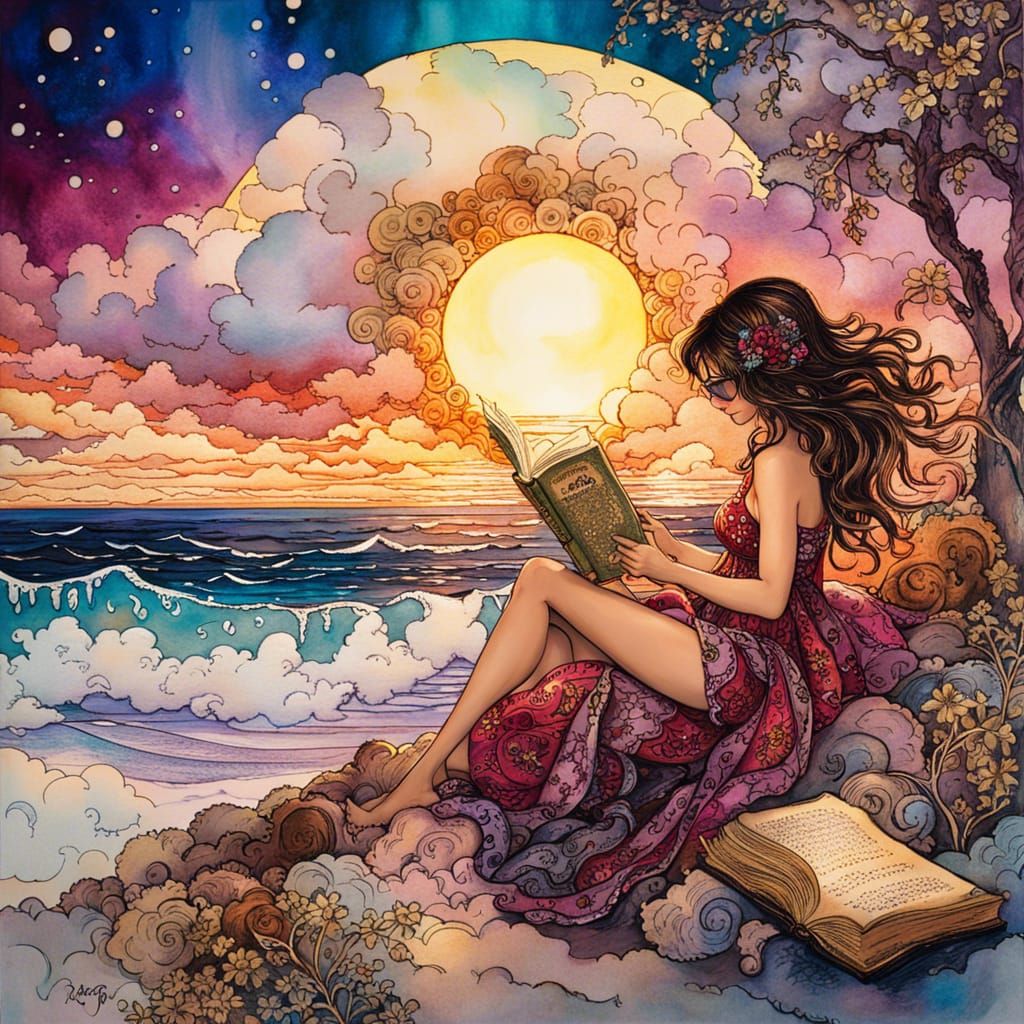 Brunette on Beach in Rackham-esque Alcohol Ink Style