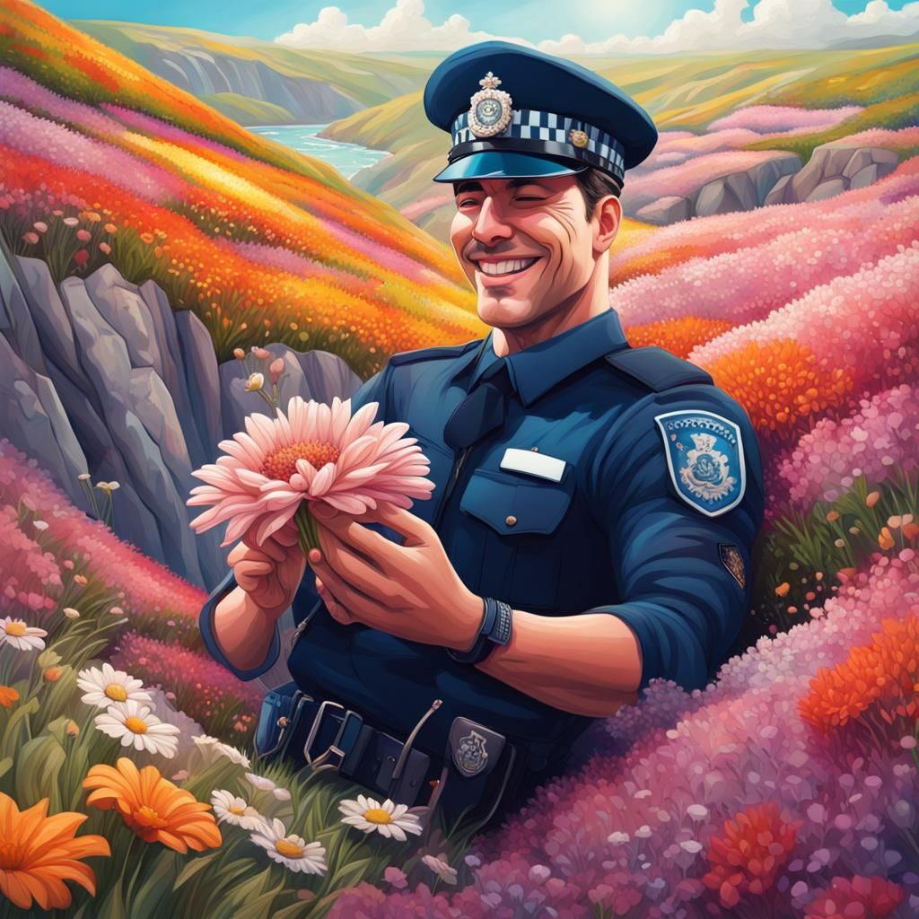 British Policeman in Flower Field: Hyperrealistic Art