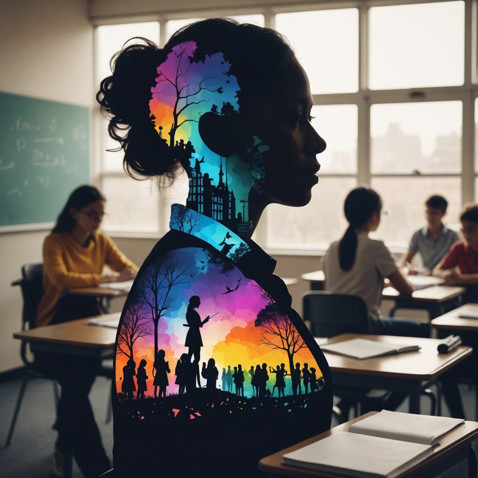 Double Exposure Silhouette Art: Teacher and Students