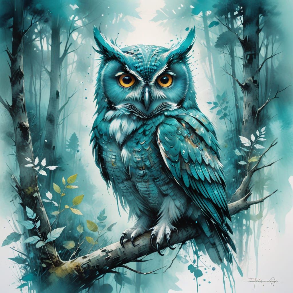 Turquoise Owl in Misty Forest, Watercolour Style