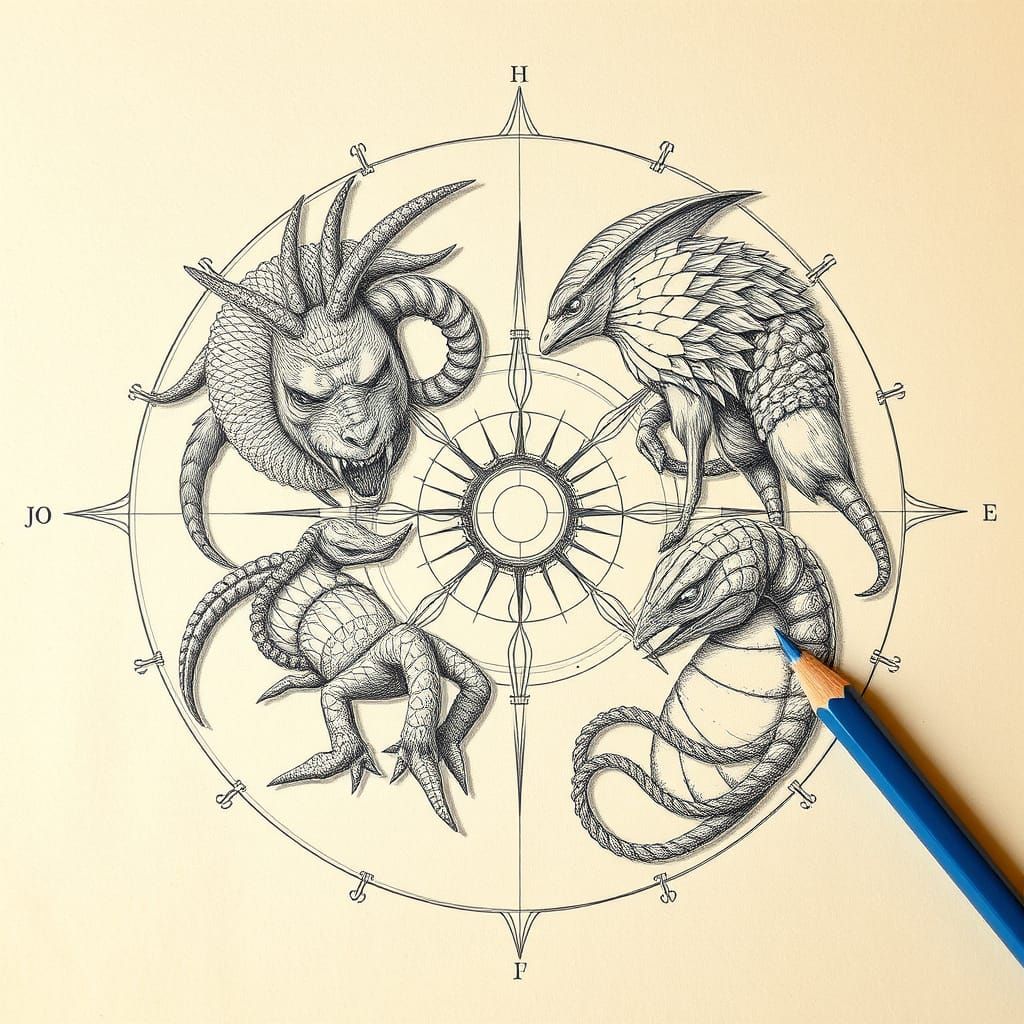 High-Detail Creatures Diagram in Ancient Parchment Style