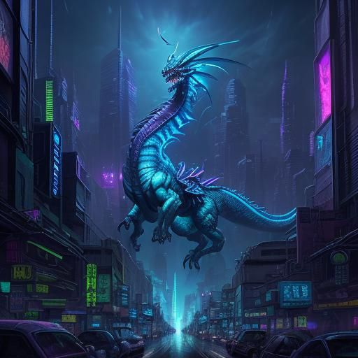 Cyberpunk Dragon Wrapped in Magical Aura