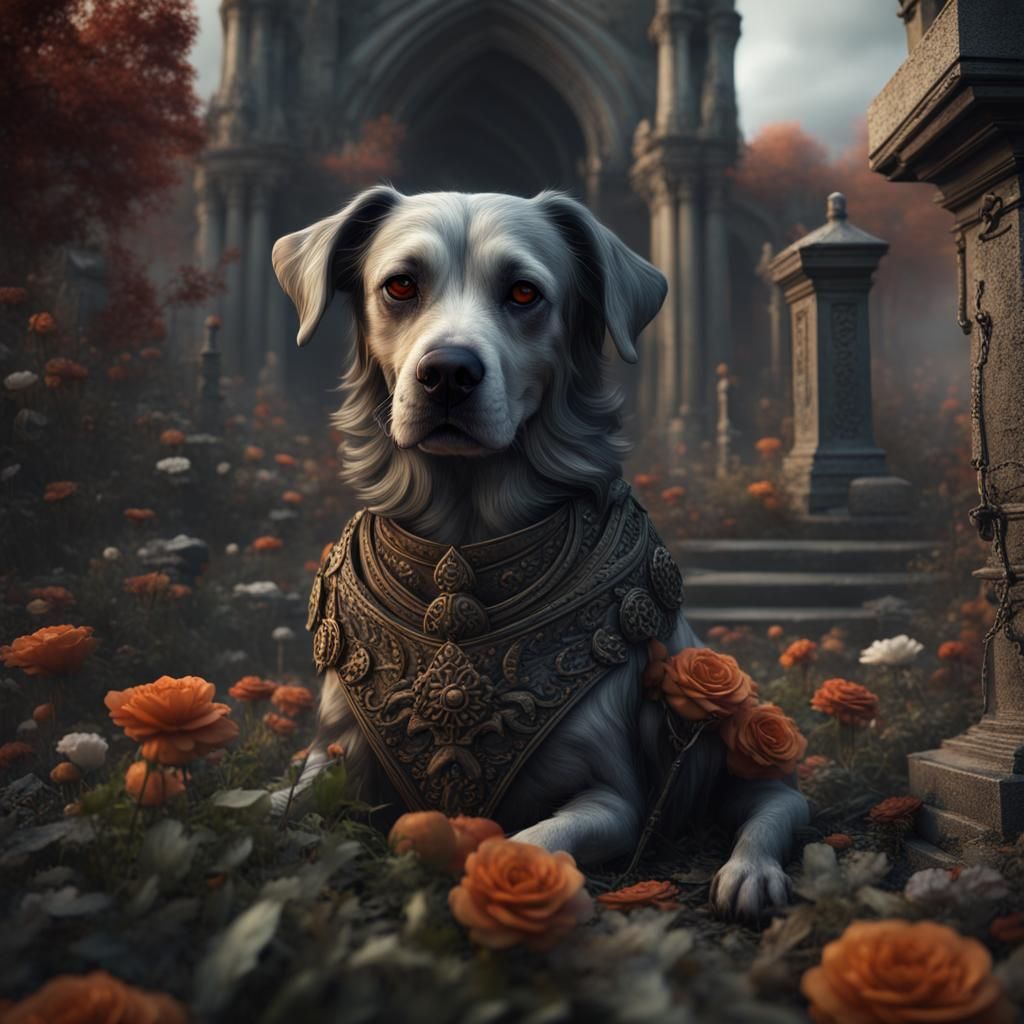 Loyal Dog Mourns at Grave in Detailed Painting