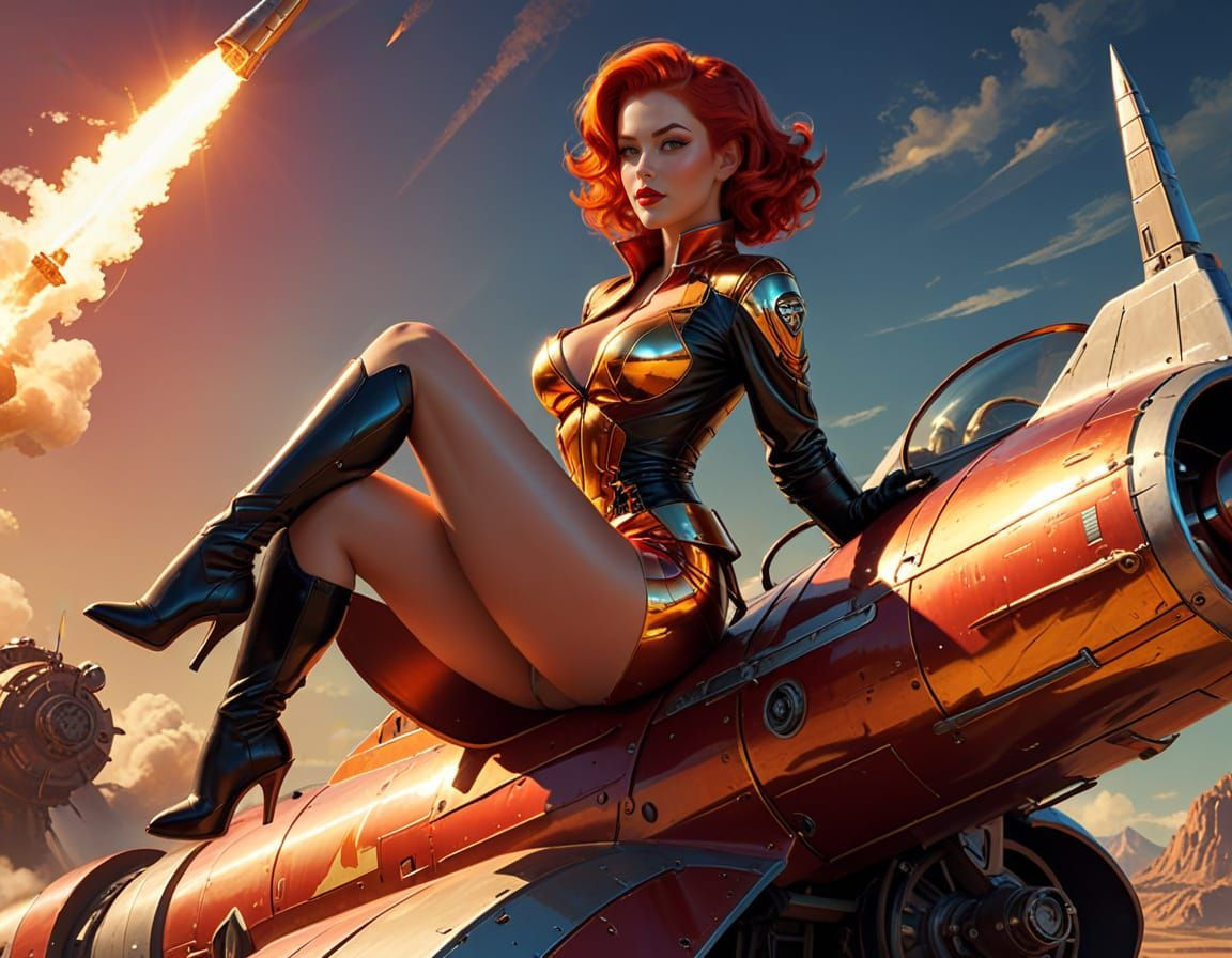 Retro-Futuristic Pinup Girl on Rocket in Digital Art