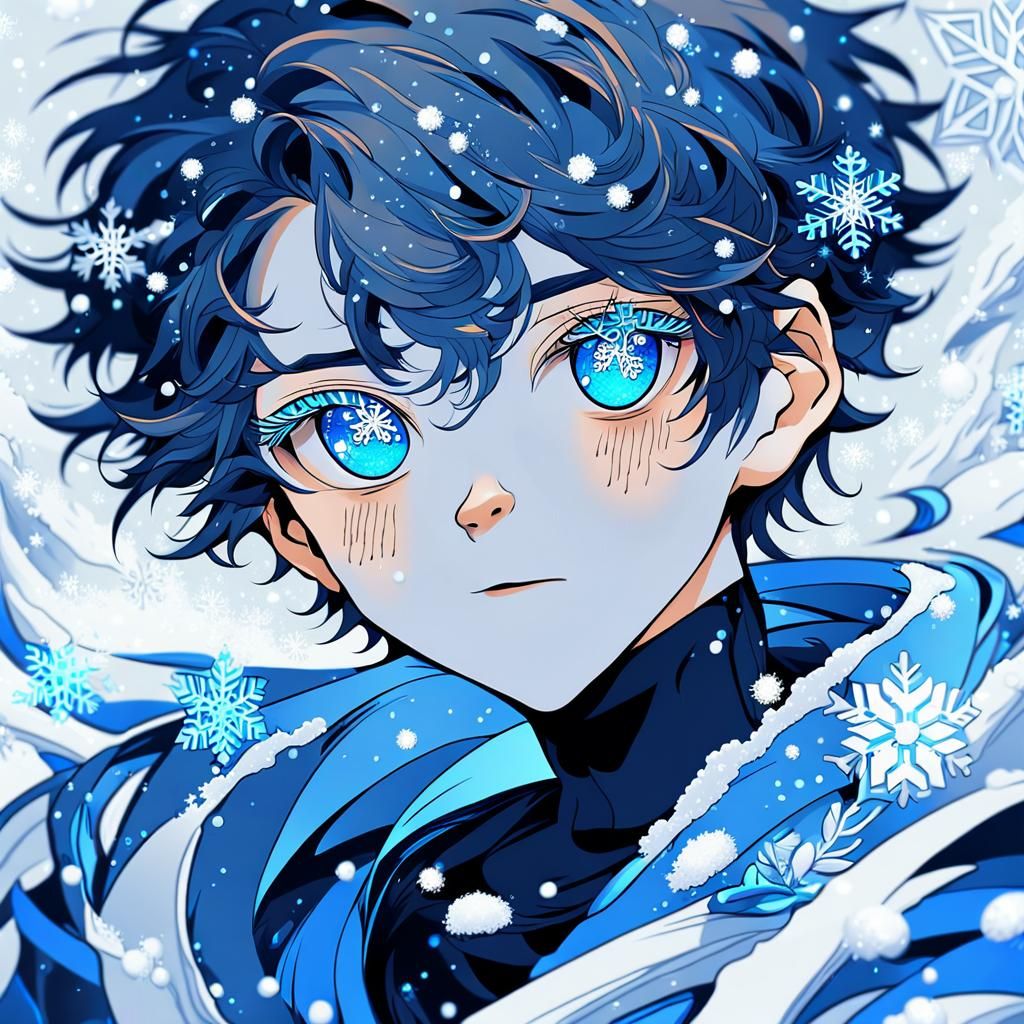 Anime Boy with Snowflake Eyes in Snowy Scene