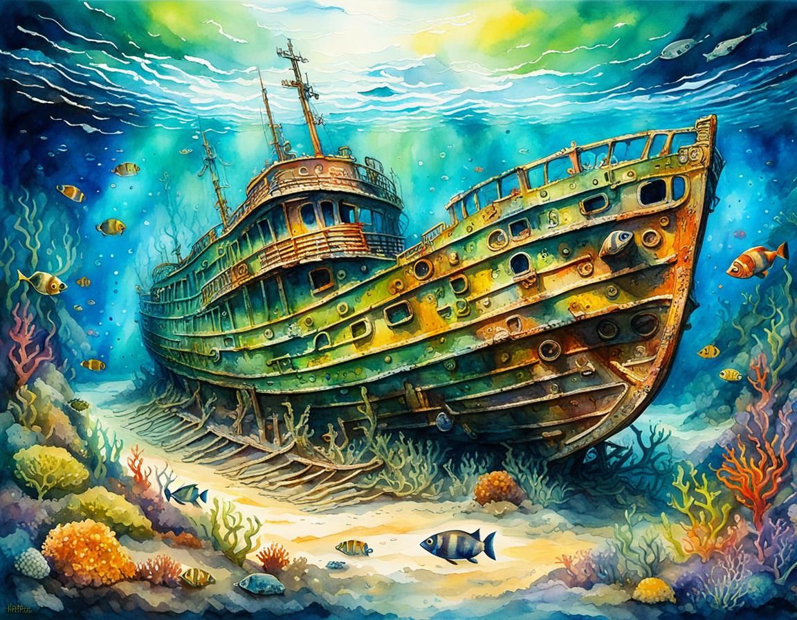 Underwater Shipwreck in Watercolor Style