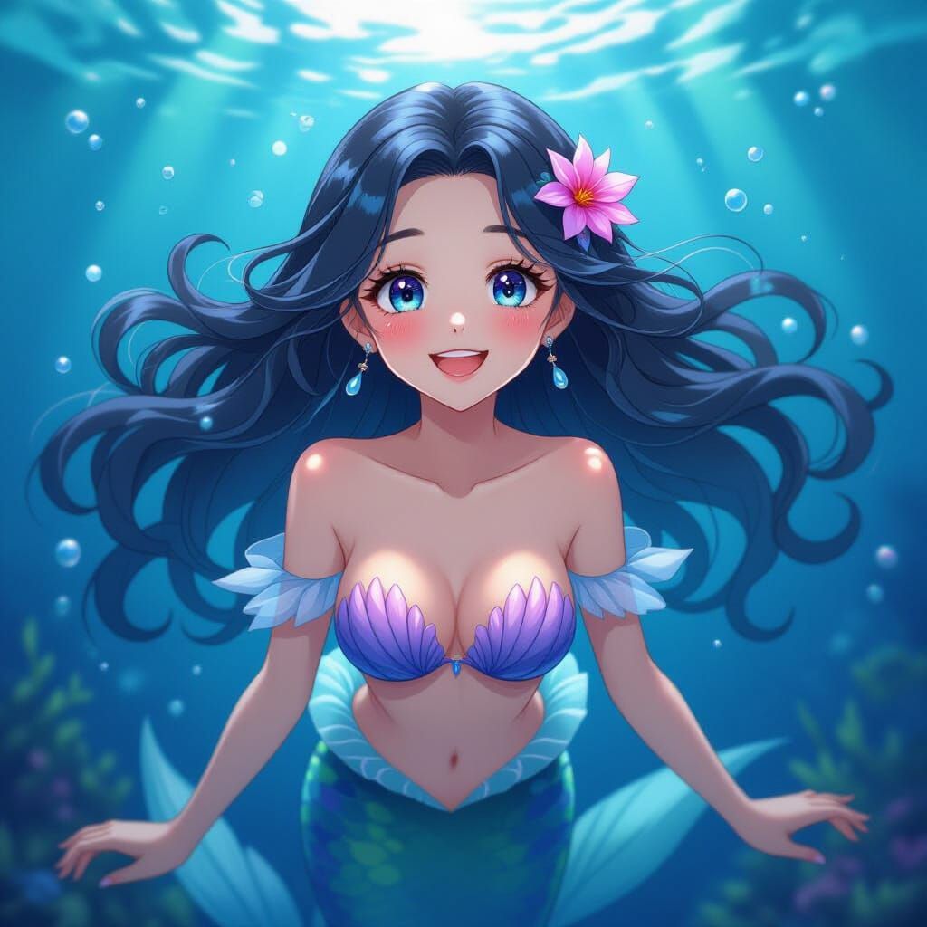 Happy Mermaid with Proud Eyes in Vibrant Anime Style