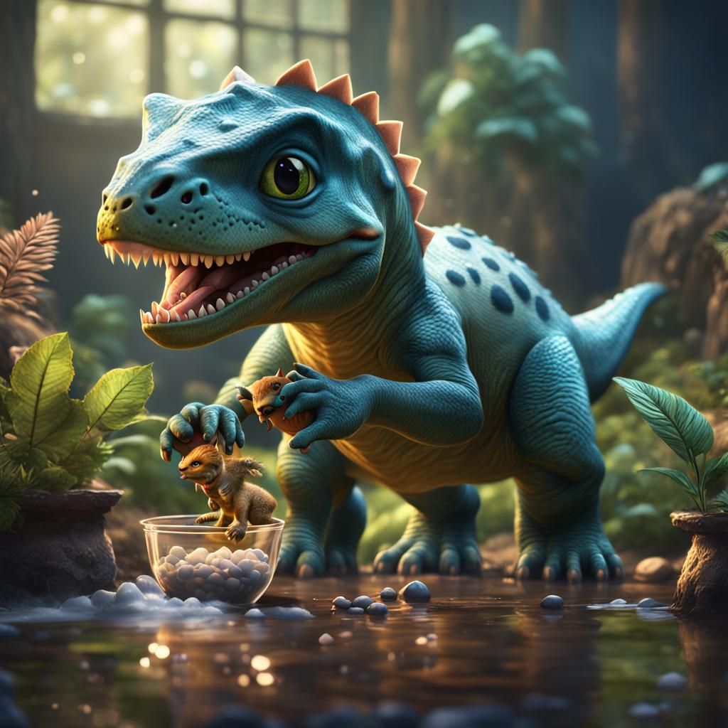 Baby Dinosaur Eats Kitten: Detailed Matte Painting