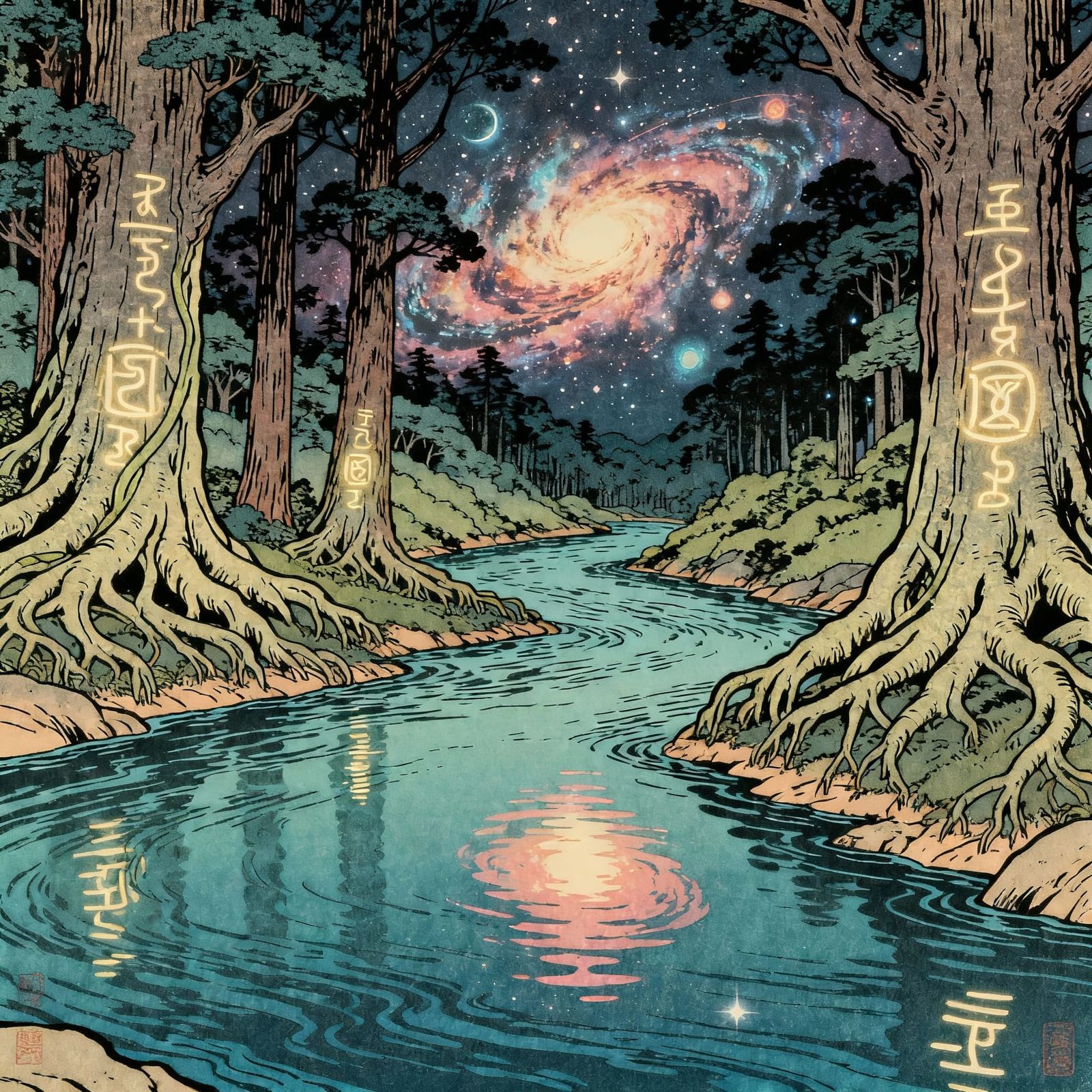 Cosmic River in Mystical Forest, Japanese Woodblock Style
