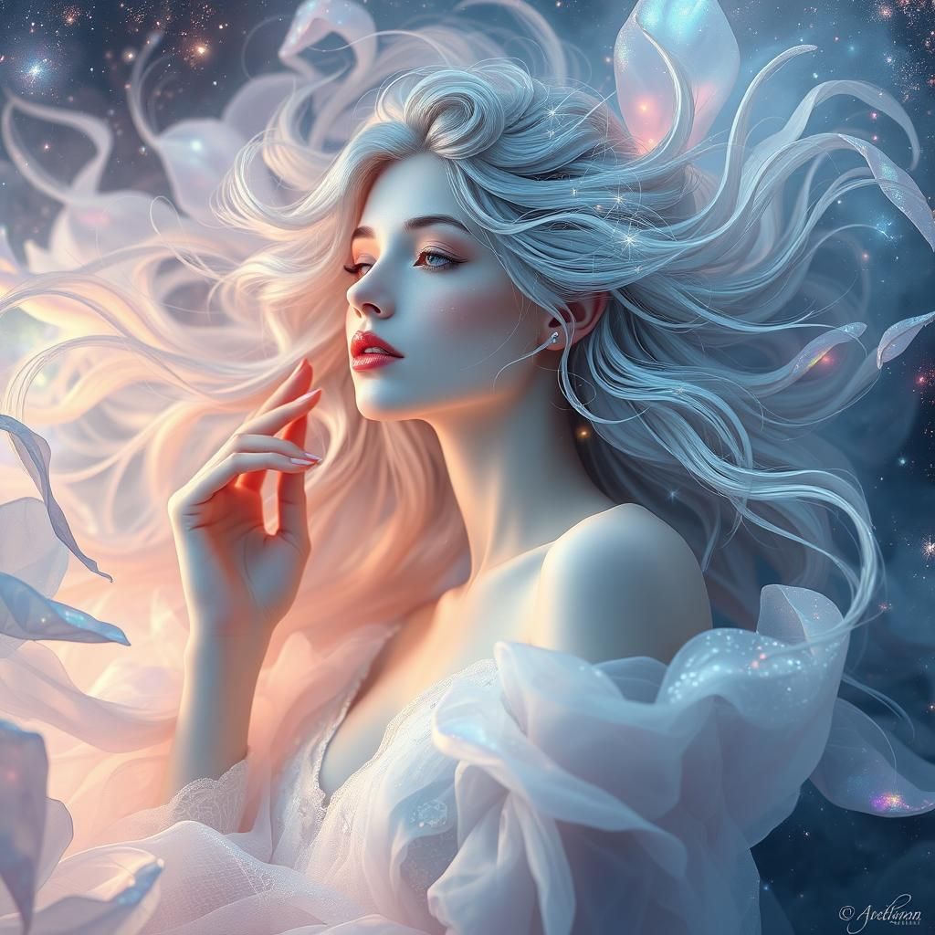 Ethereal Woman with Iridescent Petals in Fantasy Art Style
