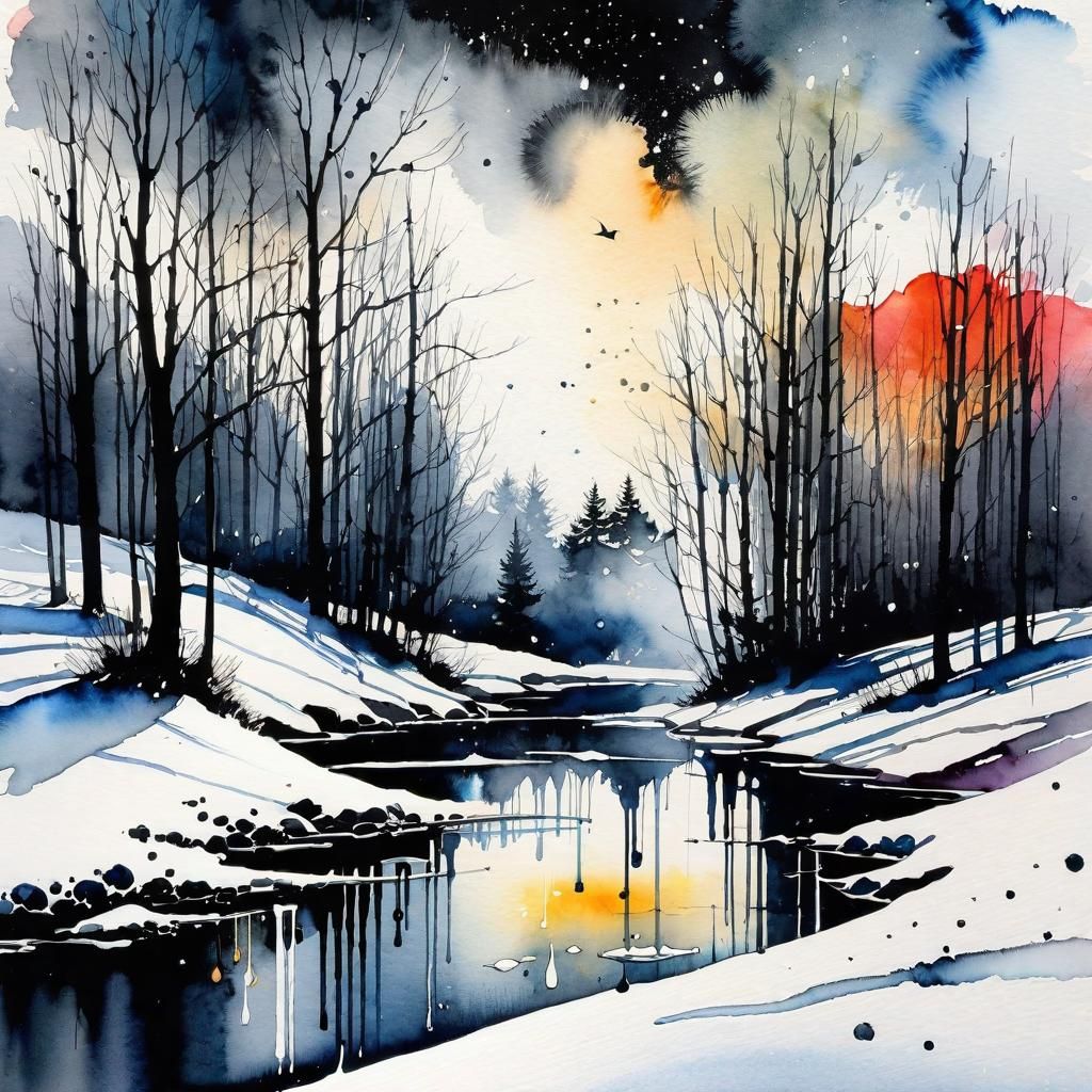 Detailed Winter Morning: Watercolor and Ink Masterpiece