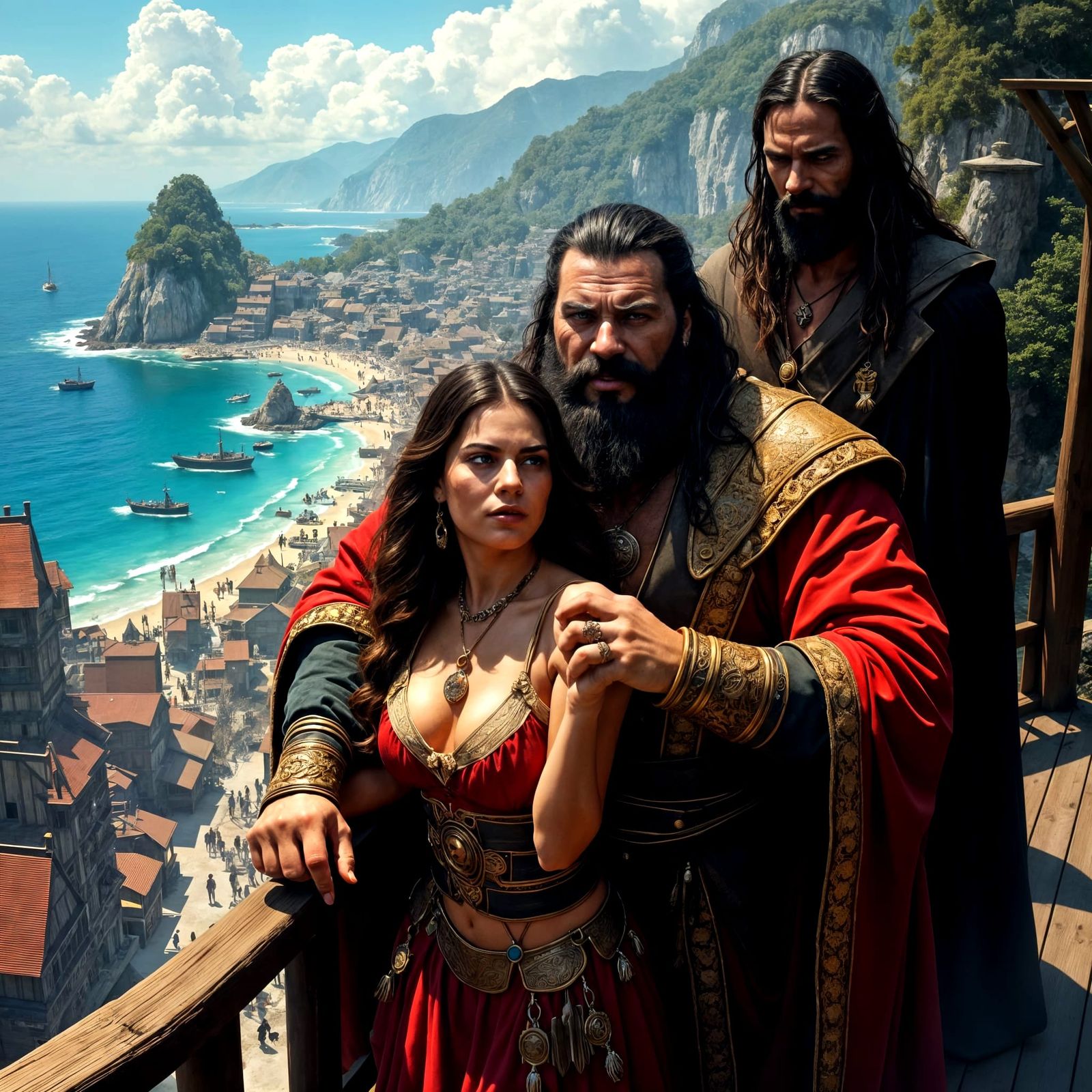 Pirate Lord Overlooking Chaotic Town in Dark Fantasy Style