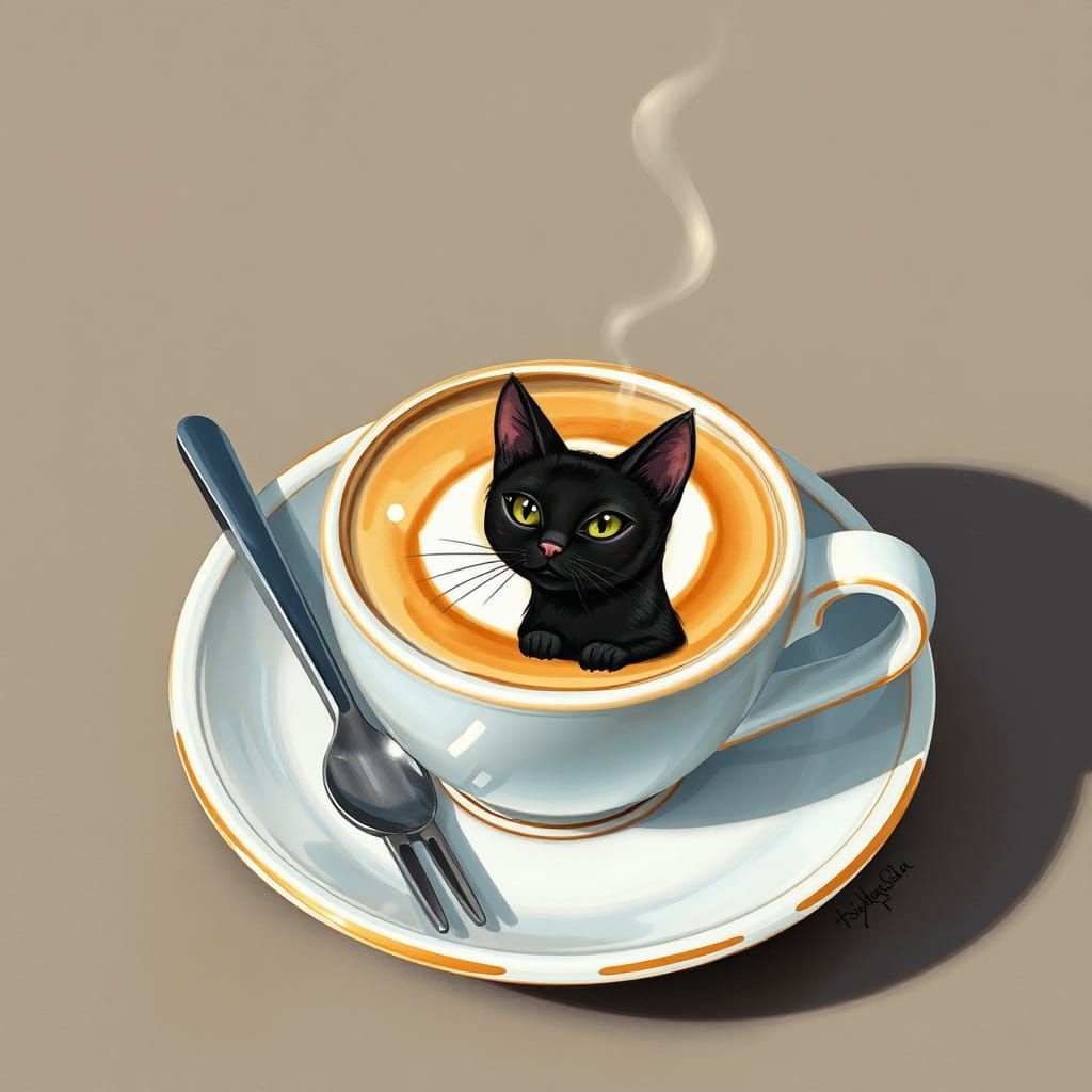 Whimsical Cat Face Latte Art on a Coffee Cup