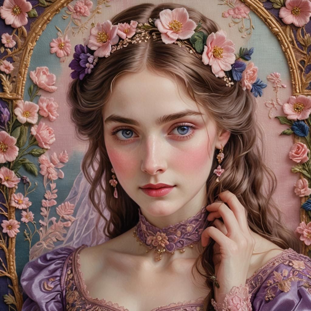 Victorian Portrait of Woman with Floral Embroidery
