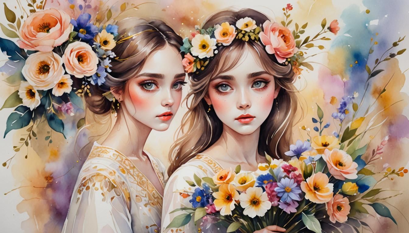 Girl with Flowers: Ethereal Watercolor Portrait