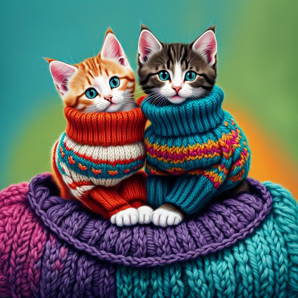Cute Kittens Smitten with Knitted Mittens in Abstract Art