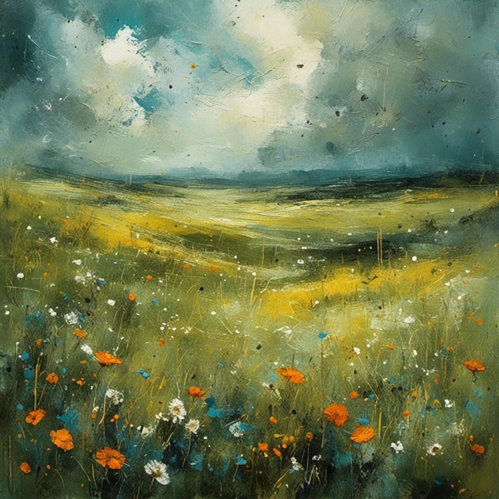 Rainy Meadow Landscape in Watercolor Style