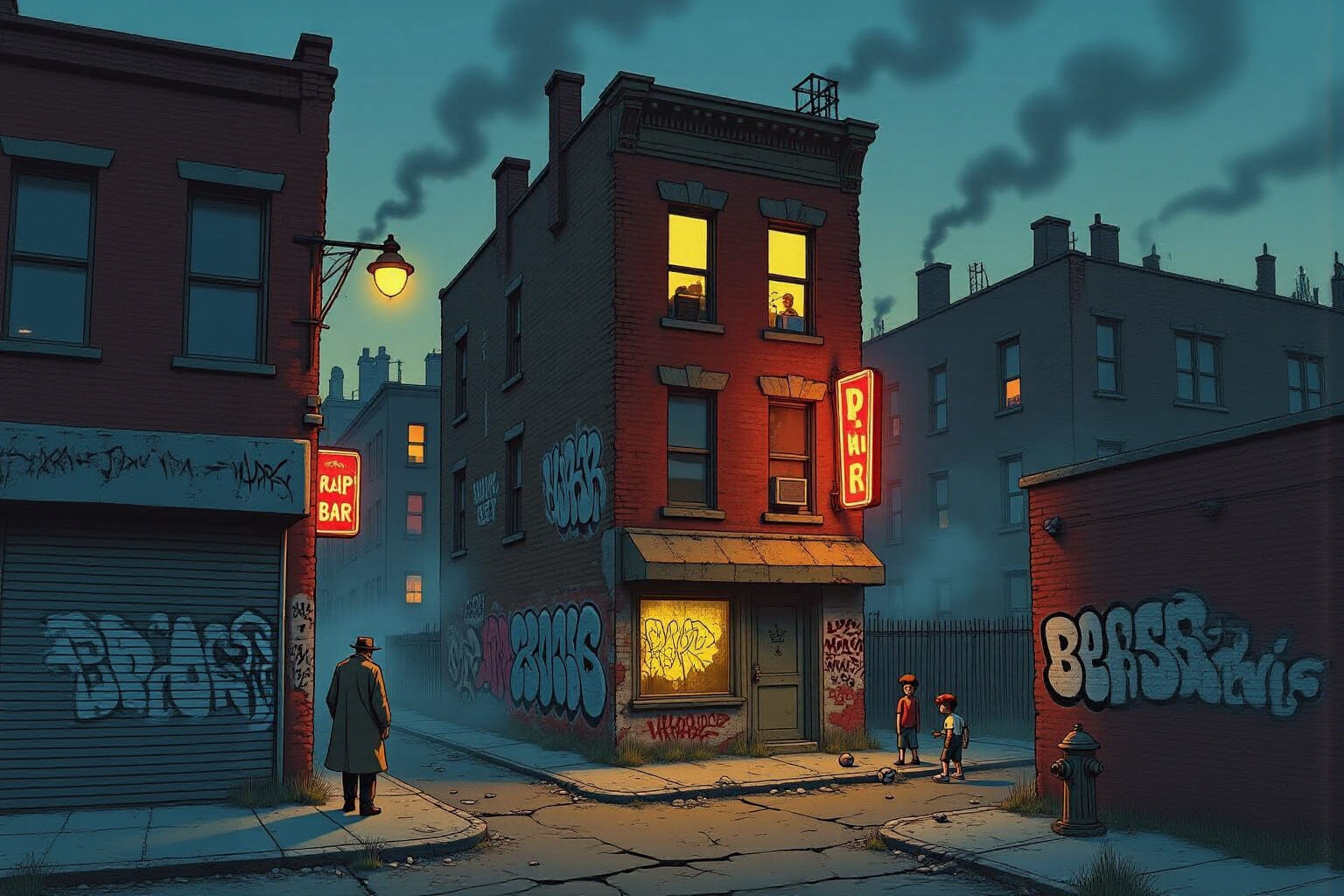 Mid-Century City Block at Dusk in Ralph Bakshi Style