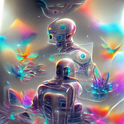 Holographic Astral Robots in Mixed Media Style