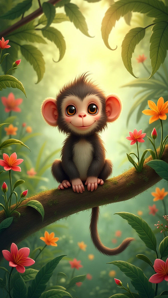 Adorable Monkey in Jungle Illustration