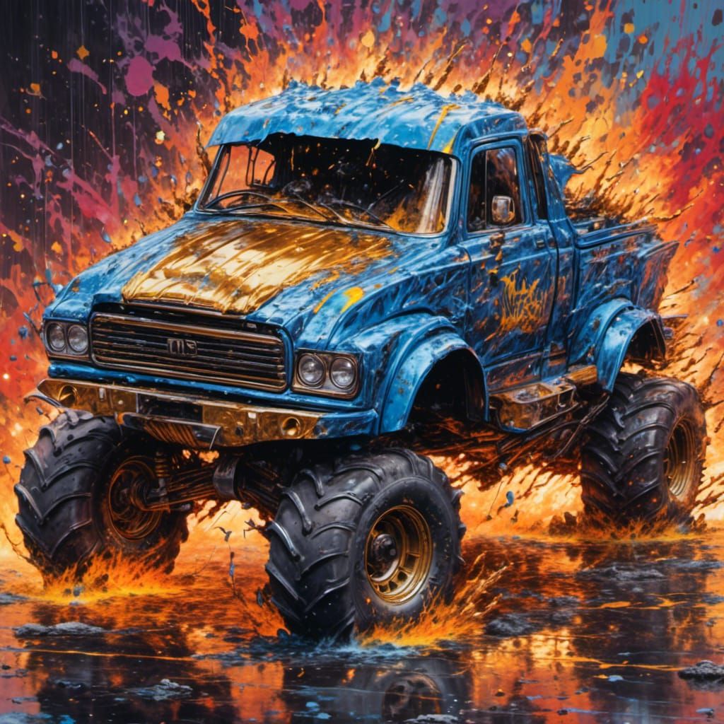 Steel Blue Monster Truck with Gold Flames in Graffiti Art