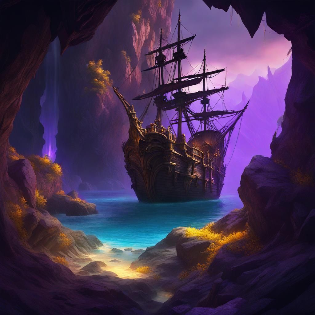 Pirate Ship Sailing into a Hidden Cave