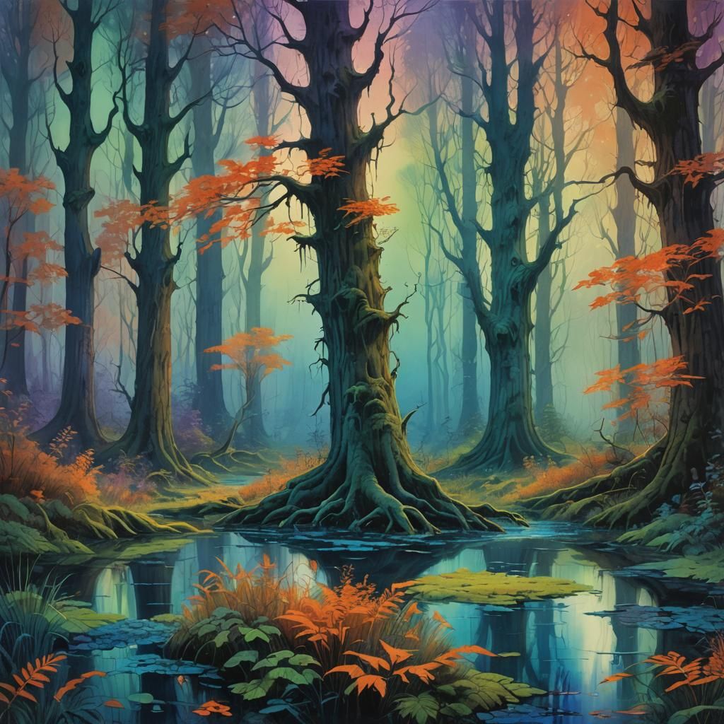Mystical Forest with Glowing Plants in Watercolor