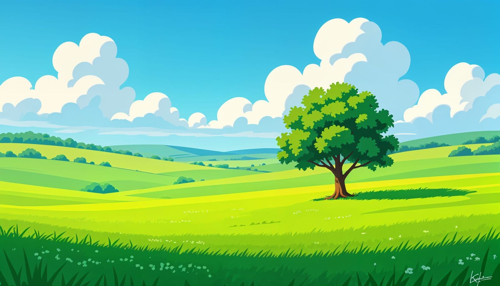 Lone Tree in Grassy Field: Cartoon CGI Rendering