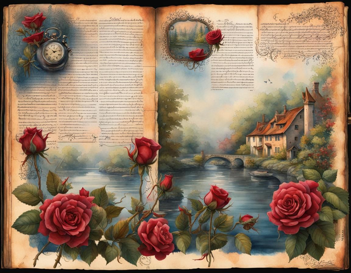 Musical Journal Page with Roses, Watch and River