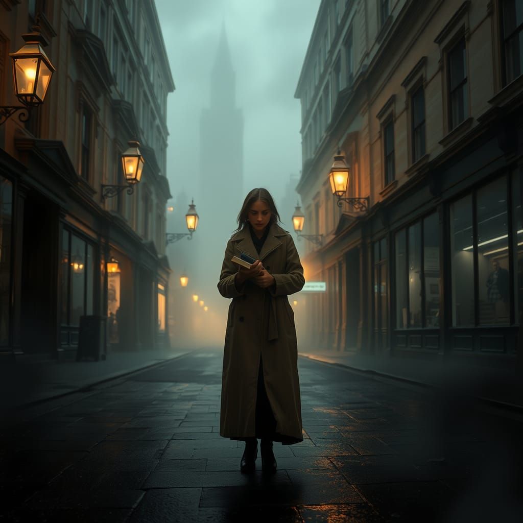 Victorian Woman in Foggy London Street