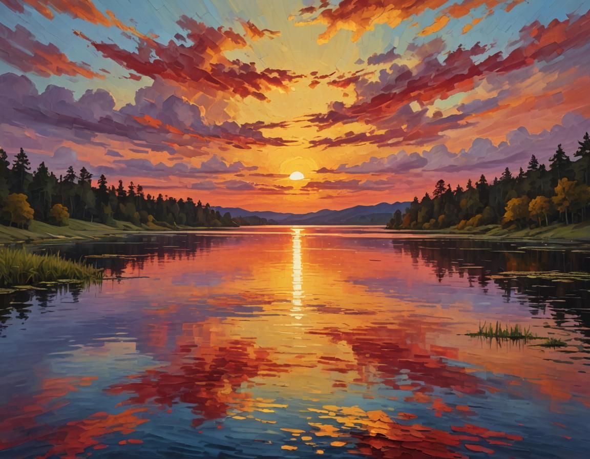 Vibrant Impasto Sunset Over Calm Lake Digital Painting