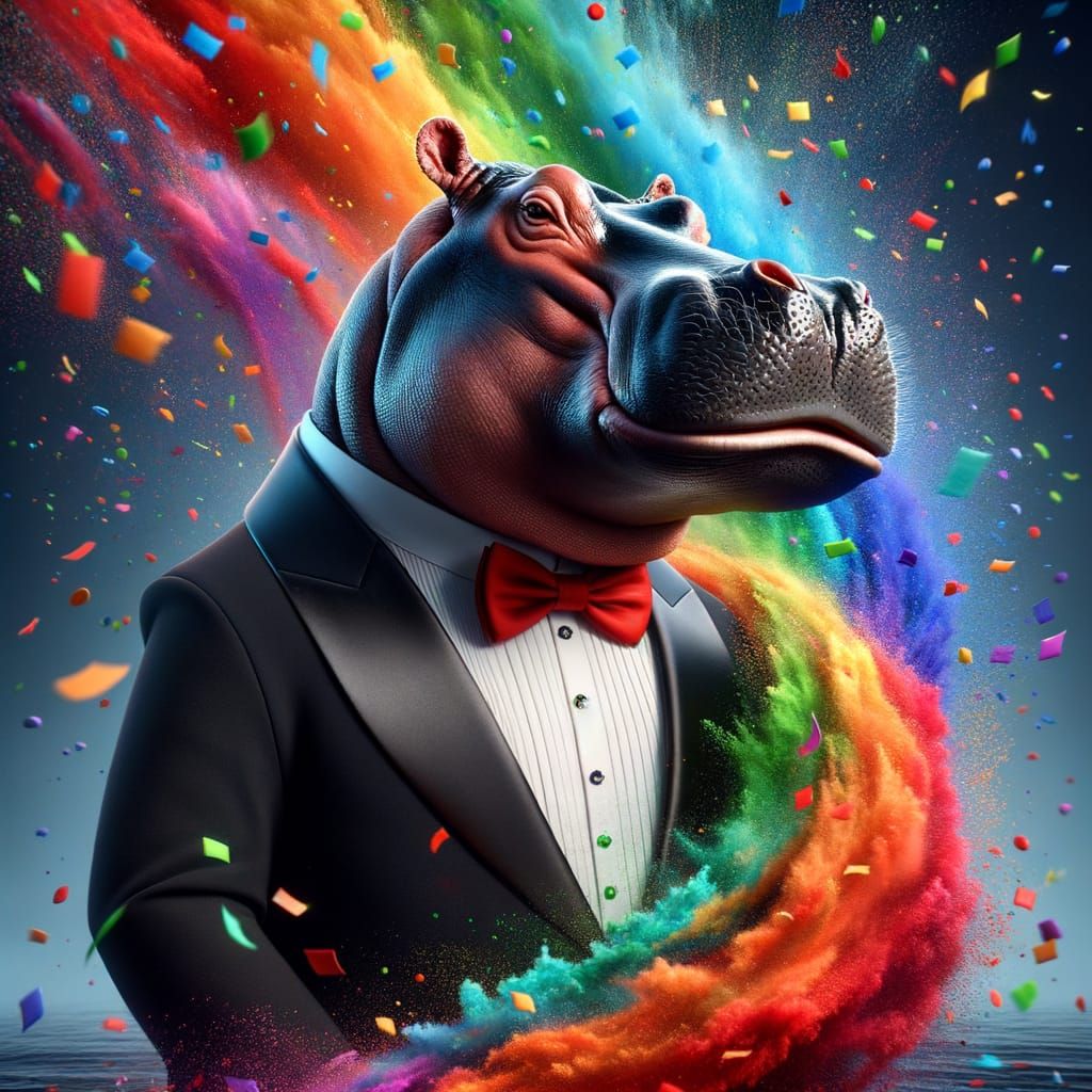 Anthropomorphic Hippo in Tuxedo: Detailed Matte Painting