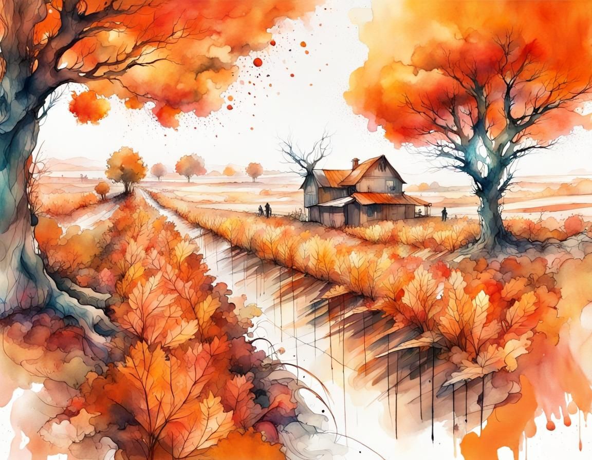 Watercolor Fall Harvest Scene with People