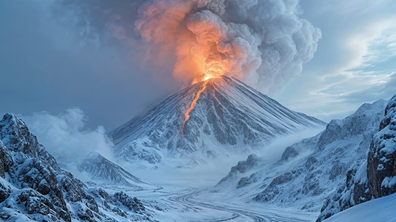 Volcano Erupts in Frozen Landscape: Photorealistic 8K