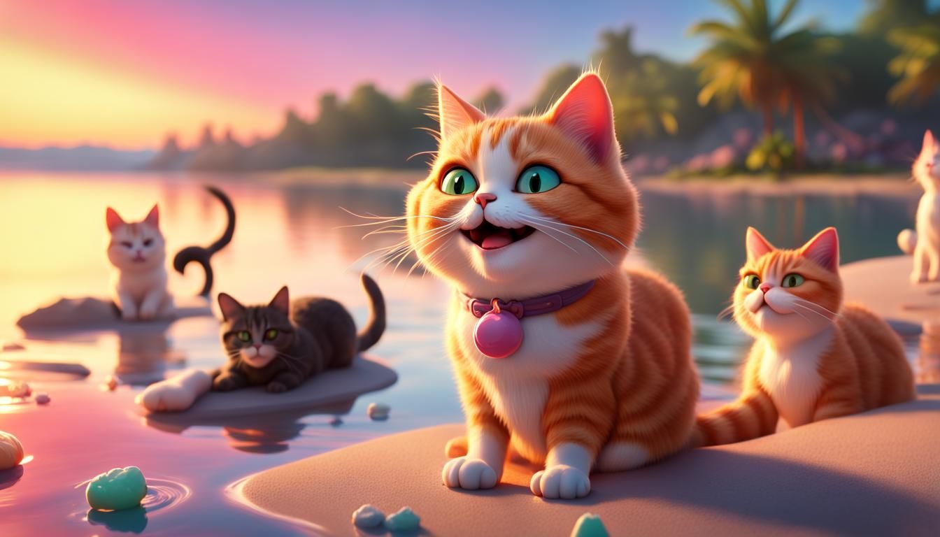 Cute Cat with Cigar at Beach Sunset: 3D Digital Art