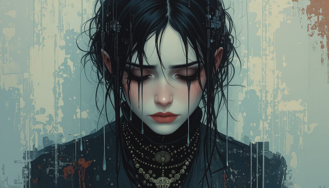 Melancholic Figure in Retro-Futuristic Fairytale Scene