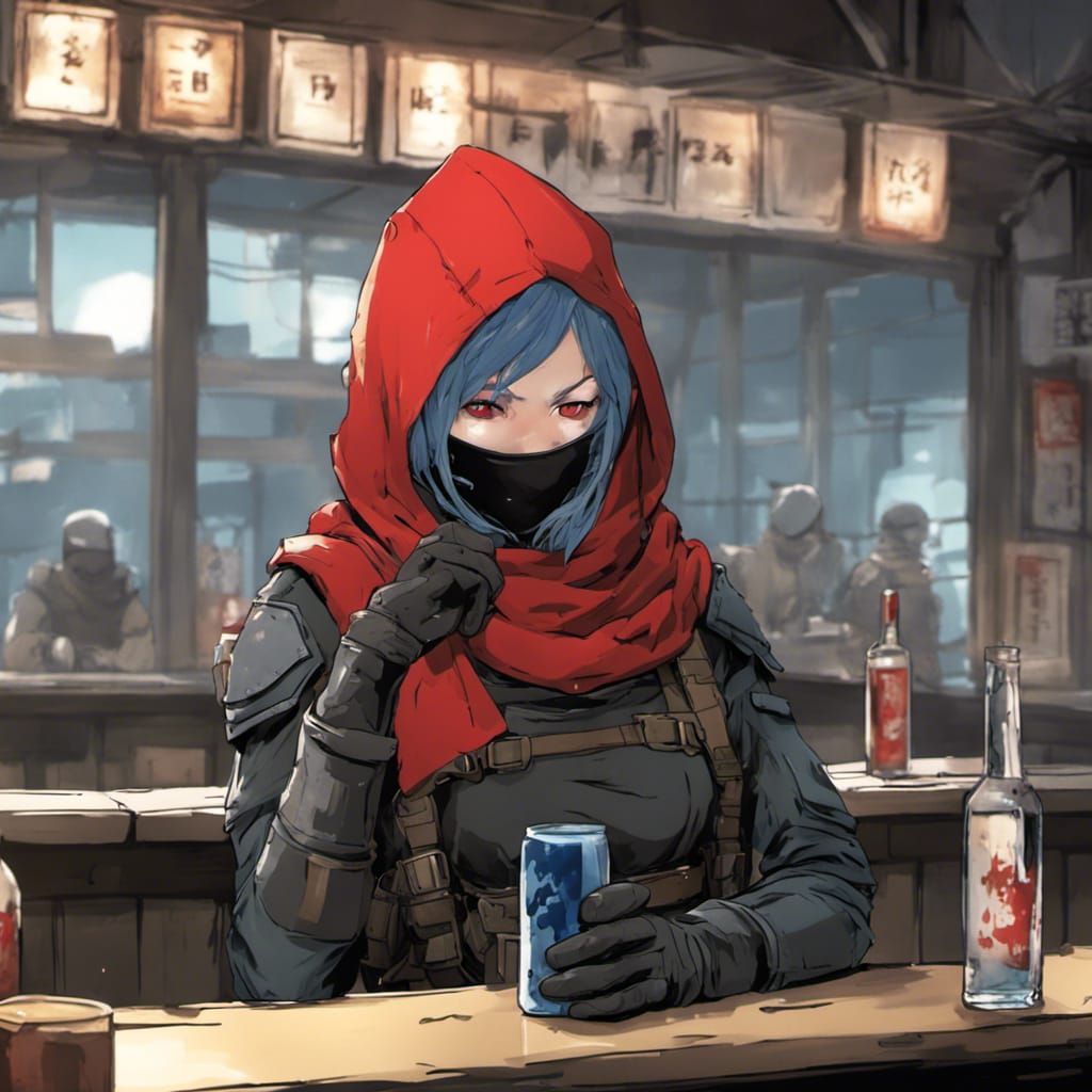 Tired Mercenary Soldier at Bar in Anime Style