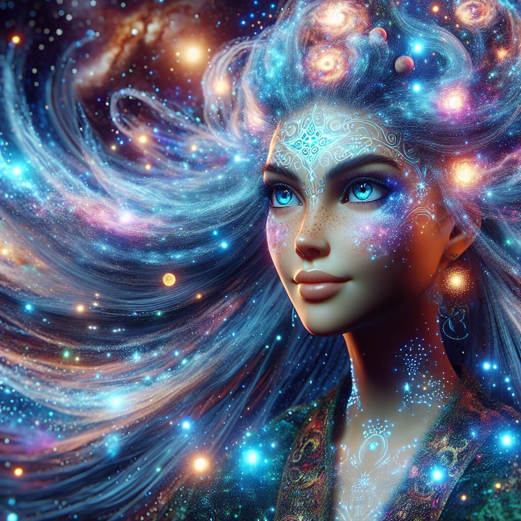 Disney Pixar style 3D gorgeous cosmic goddess with galaxy eyes, flowing hair, beautiful stars and planets background